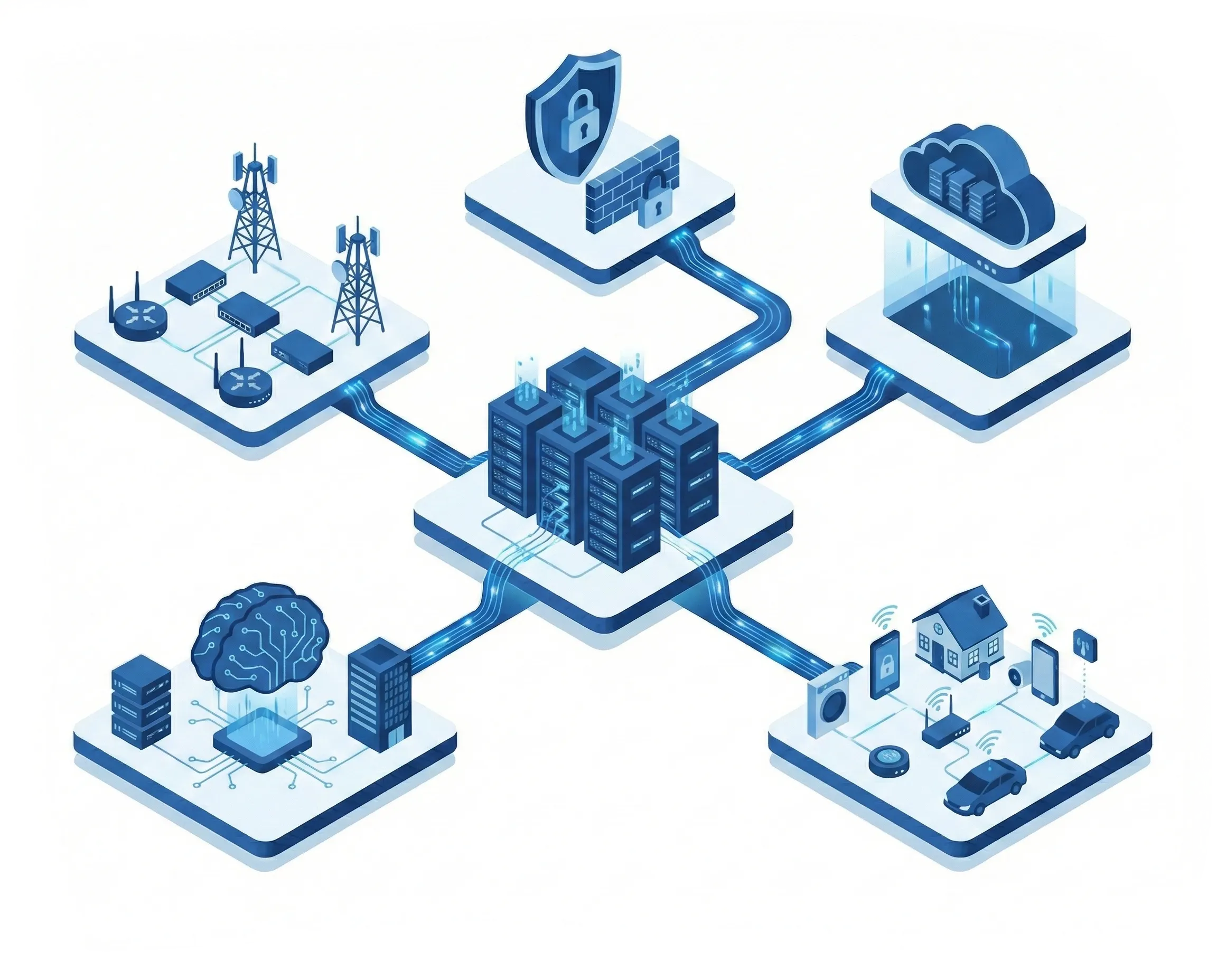 Diagrama de infraestructura IT con centro de datos enlazado a cloud, seguridad, antenas y dispositivos inteligentes de ASDT.tech
